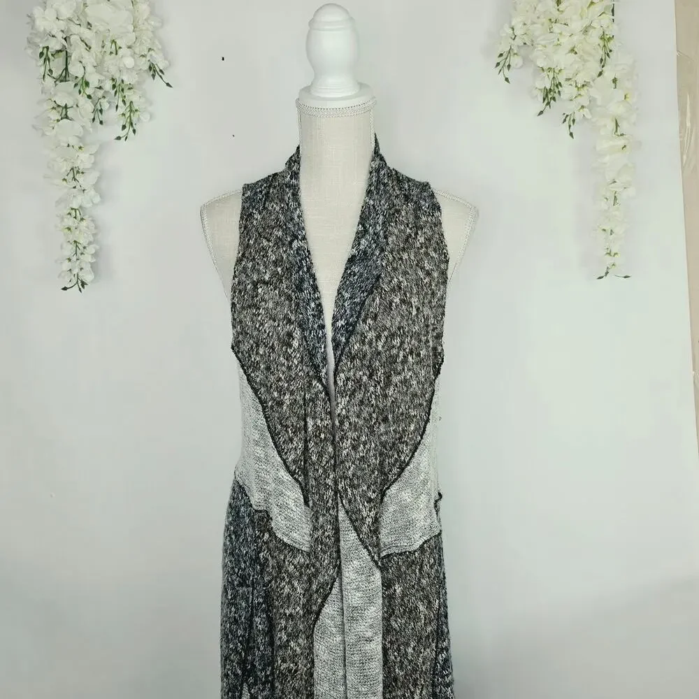 Lagenlook Open Knit Duster Vest Large Wool Blend Gray Marled Waterfall Boho - Picture 5 of 15